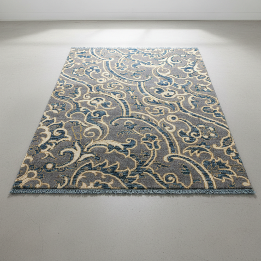 Decorative rug with paisley pattern on a plain background