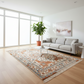 Living room with a patterned rug, sofa, and plant