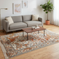 Living room with a gray sofa, wooden coffee table, and patterned rug.