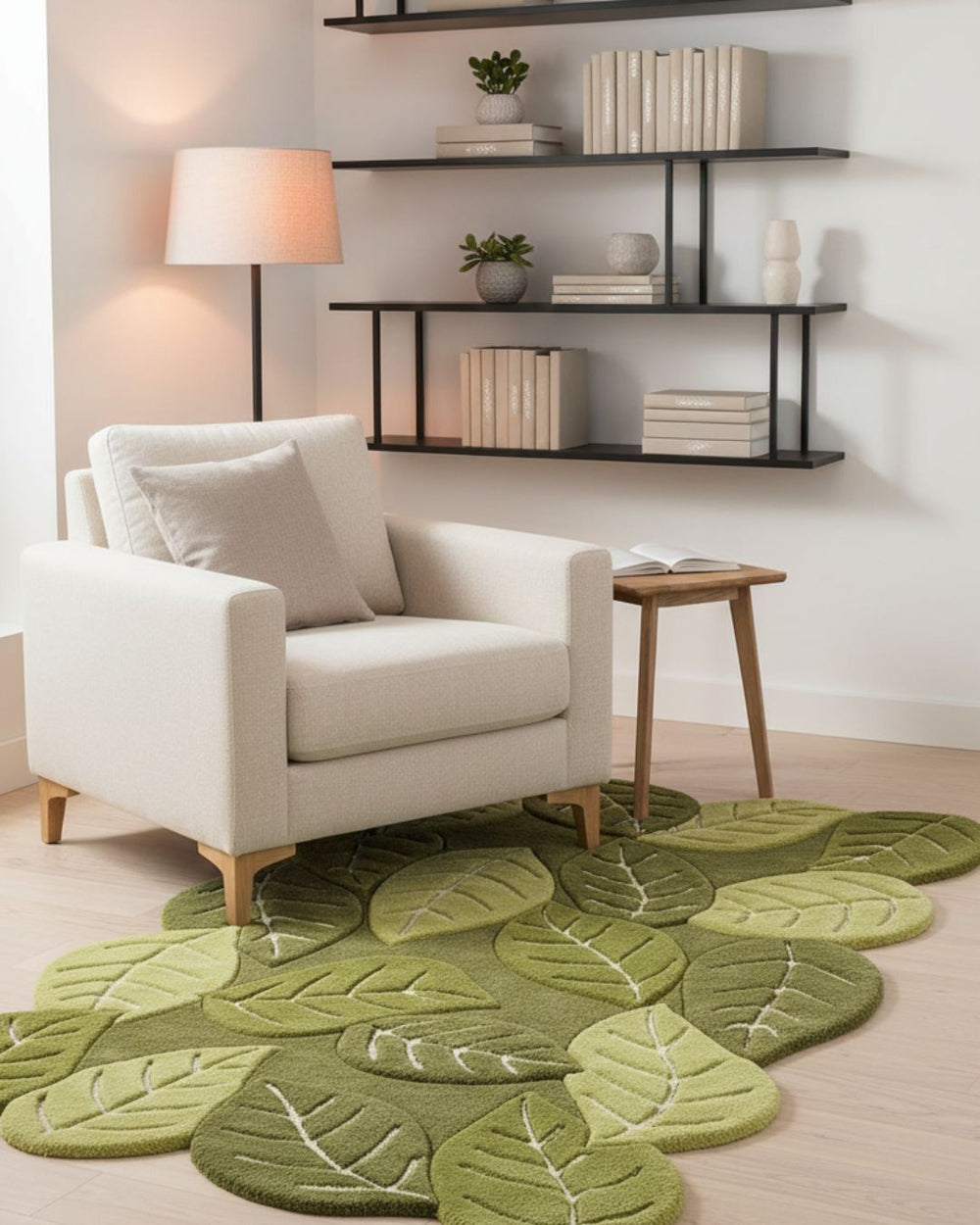 Green leaf-patterned rug in a living room with a white armchair and bookshelf.