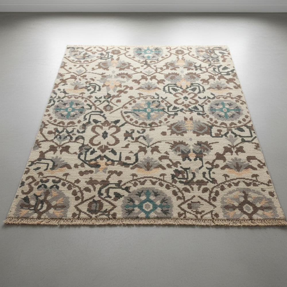 Decorative rug with intricate patterns on a plain background