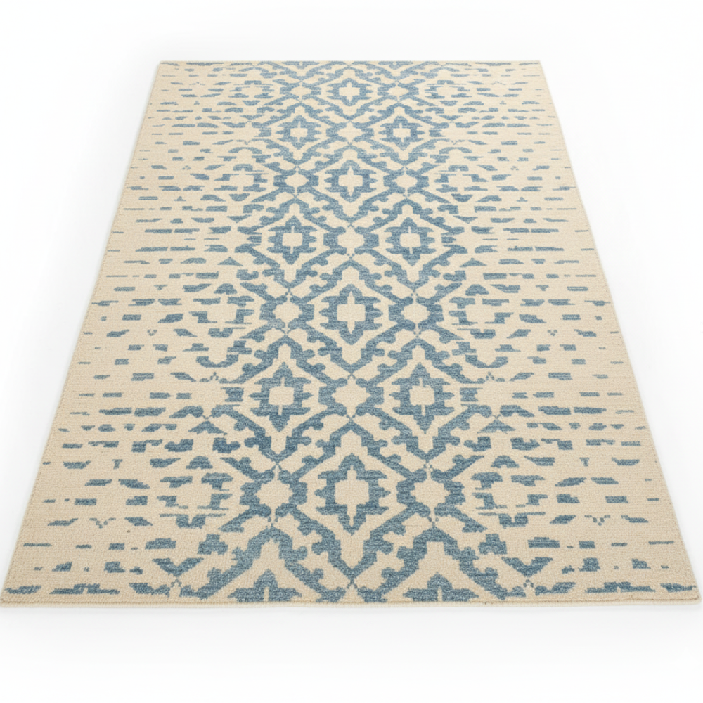 Beige rug with blue geometric pattern on a white background