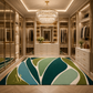 A luxury walk-in closet with mirrored cabinets, gold hardware, a crystal chandelier, and a large abstract leaf-patterned rug in shades of green, teal, and cream.
