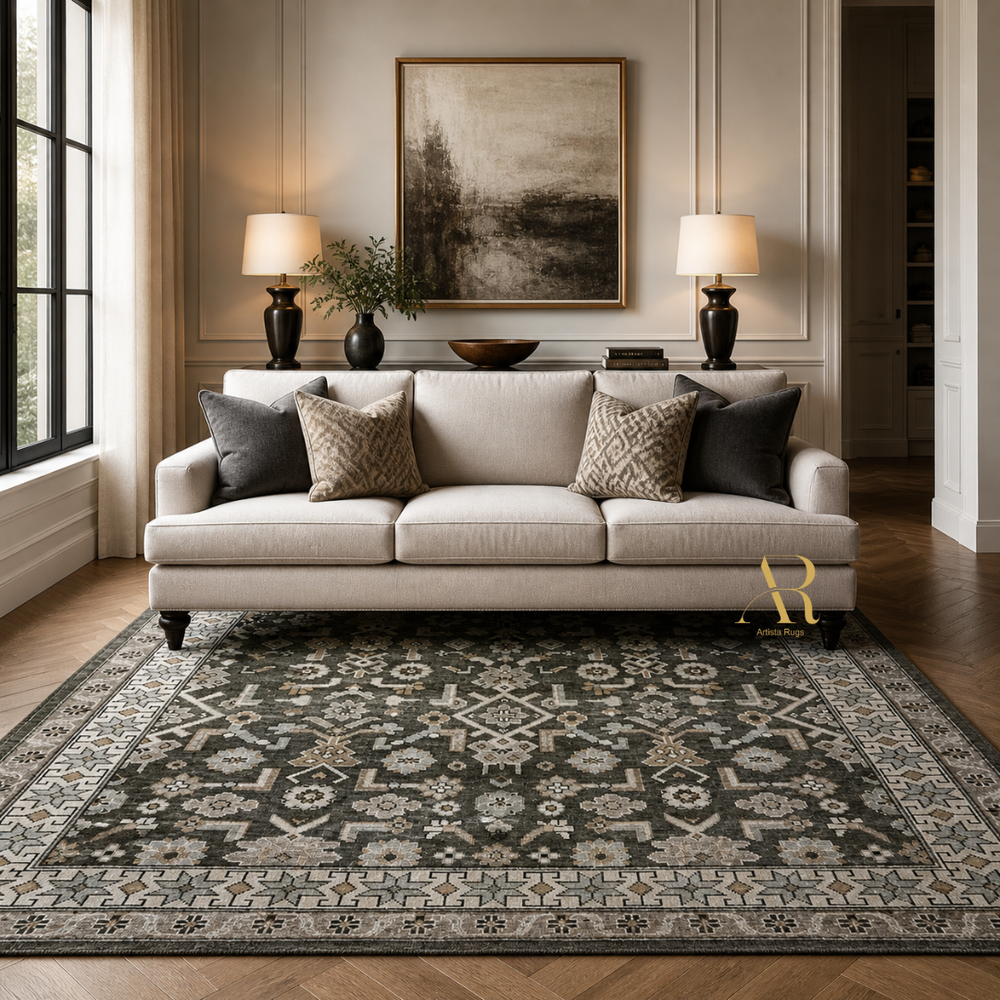 Living room with a beige sofa, decorative pillows, and a patterned rug.