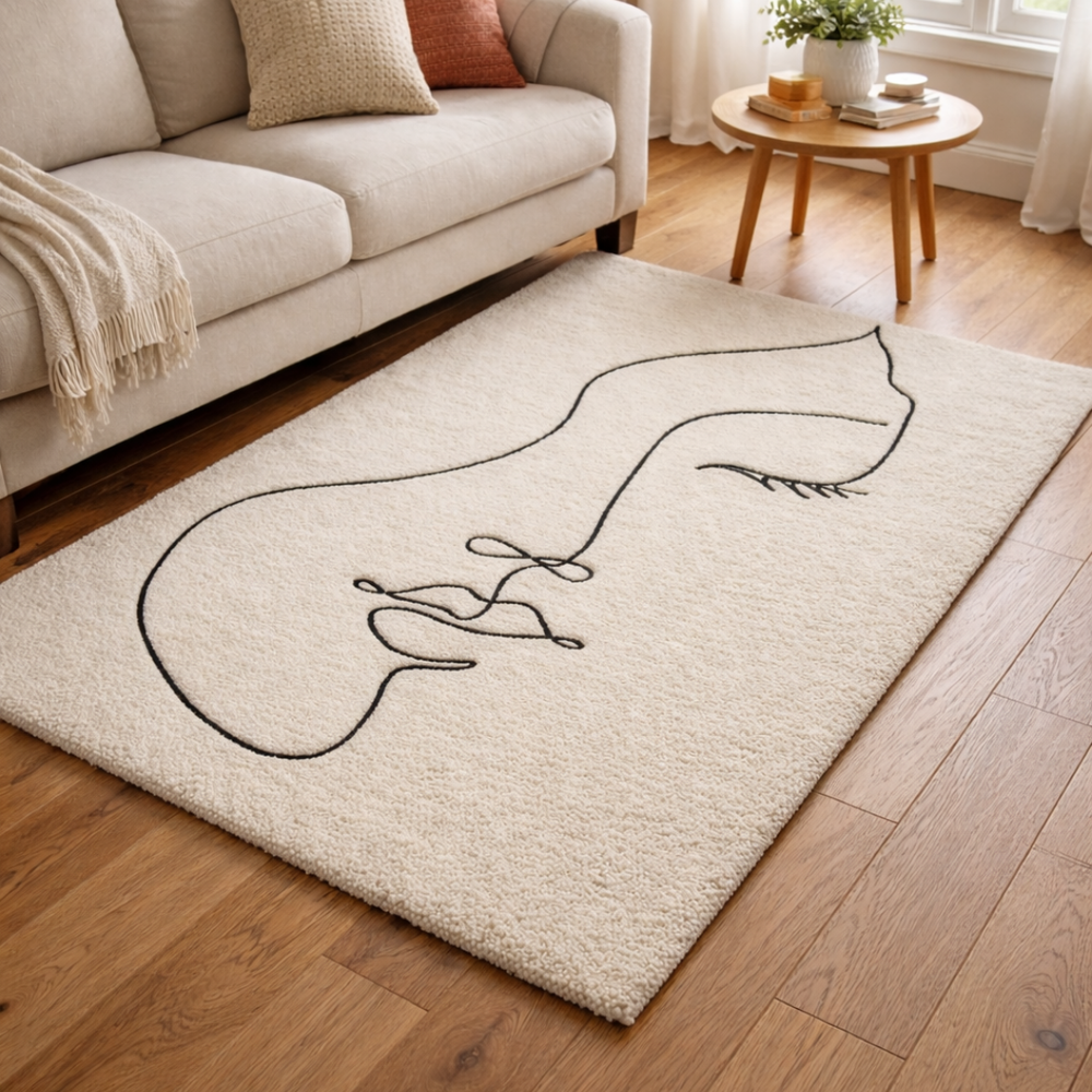 Beige rug with a black line art design in a living room setting