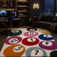 Game-themed room with colorful rug, gaming setup, and neon light.