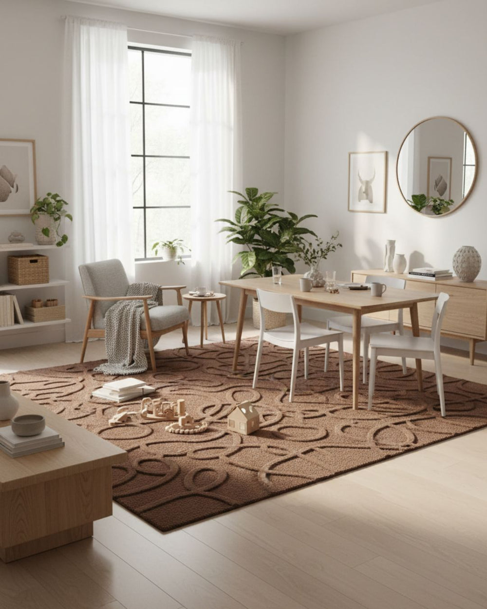 Modern living room with a wooden dining table and chairs, rug, and decor.