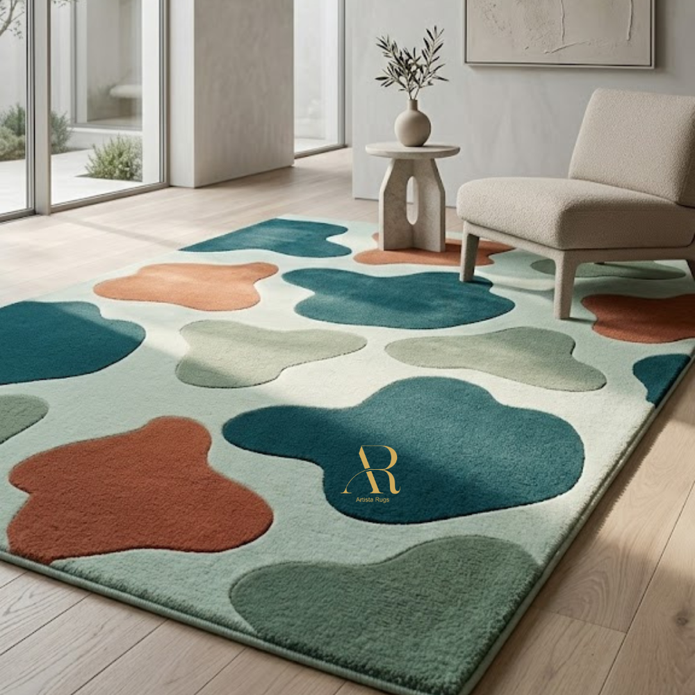 Colorful abstract rug with a brand logo in a modern living room.