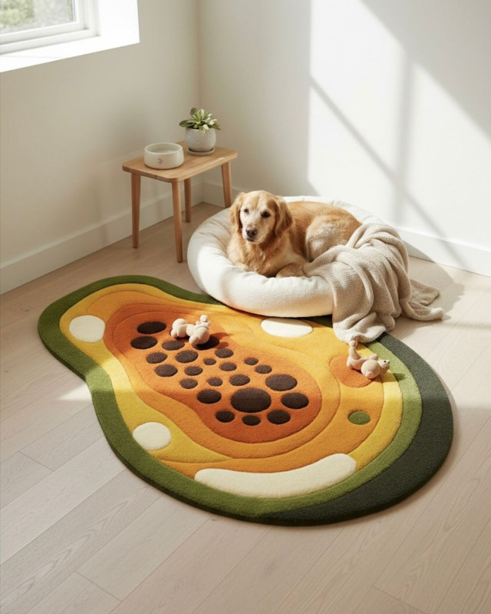 Dog lying on a round bed with a colorful paw-shaped rug in a bright room.