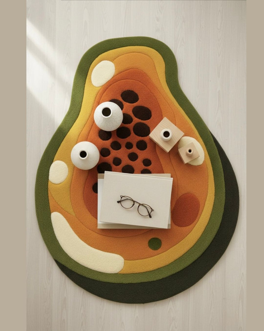 Avocado-shaped felt board with decorative elements on a light wooden surface