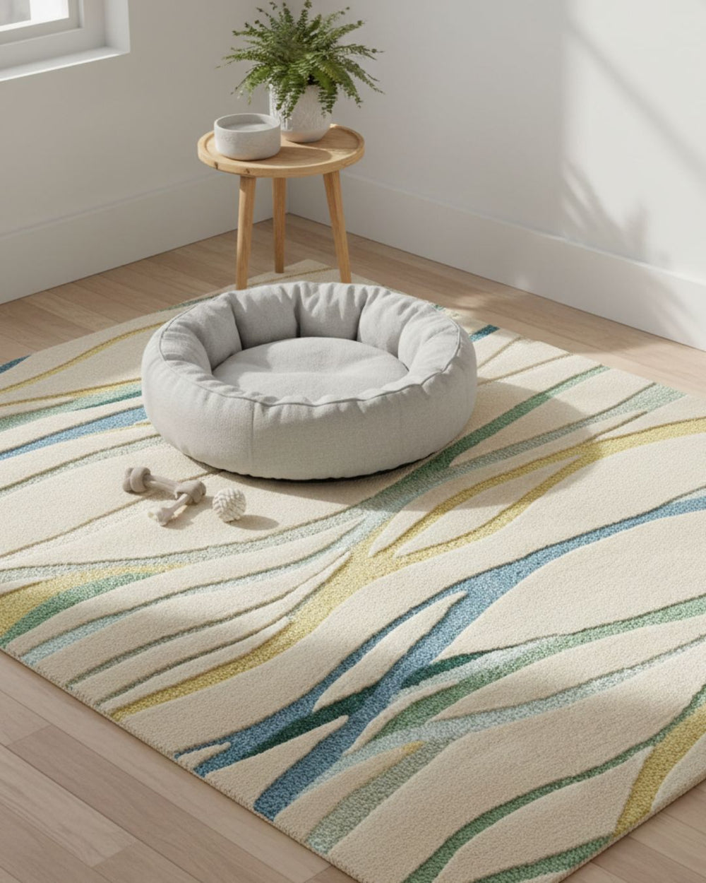 Pet bed on a patterned rug with a small table and plants in the background