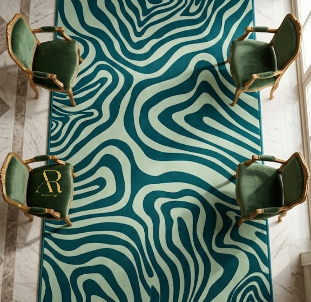 Patterned rug with wavy design in a room with chairs and a window.