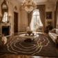 A luxury living room featuring a large dark brown area rug with a white concentric circle pattern and a gold double-horse emblem. The room is styled in an elegant, classical French chateau with cream-colored walls, a large crystal chandelier, a marble coffee table, and matching vintage armchairs.