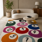Colorful geometric rug with numbers in a living room setting