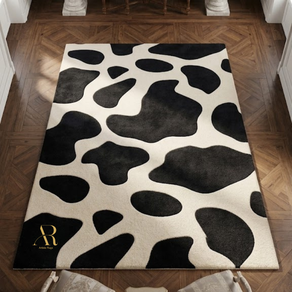 Black and white cow print rug on a wooden floor