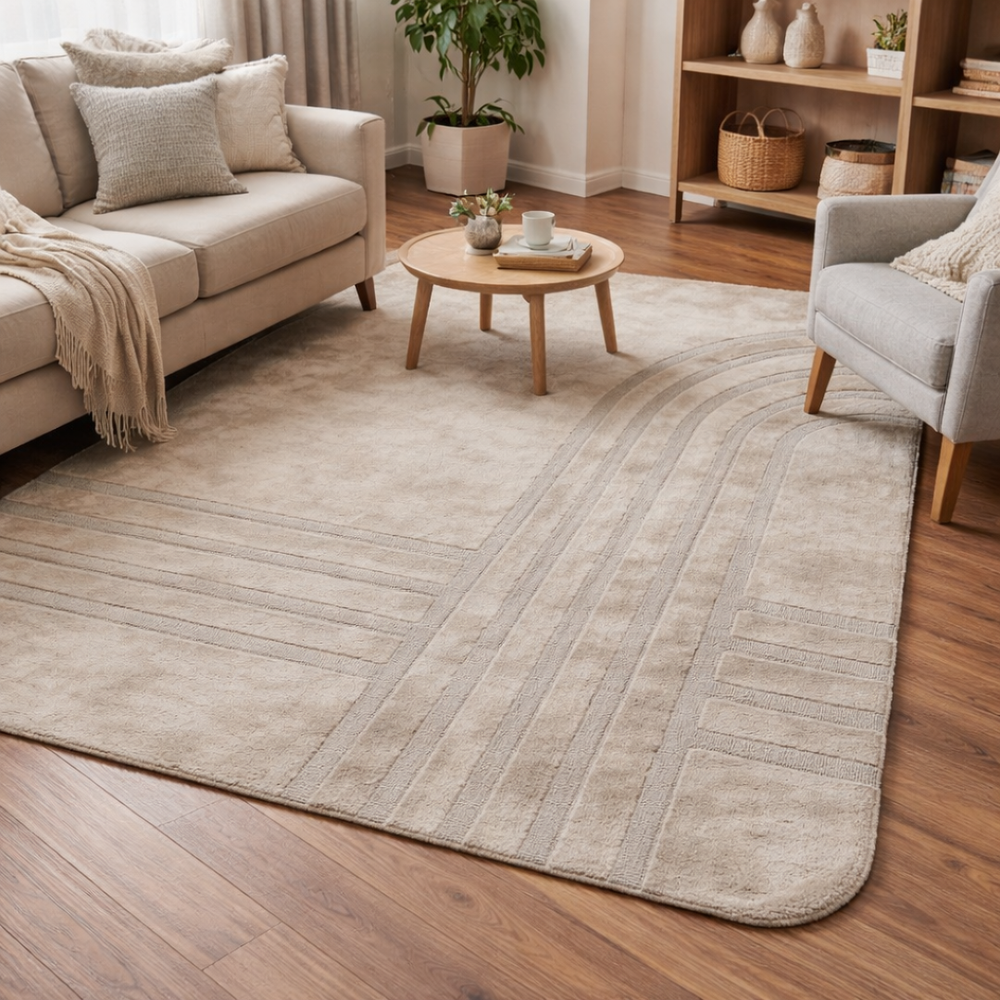 Beige patterned rug on a wooden floor