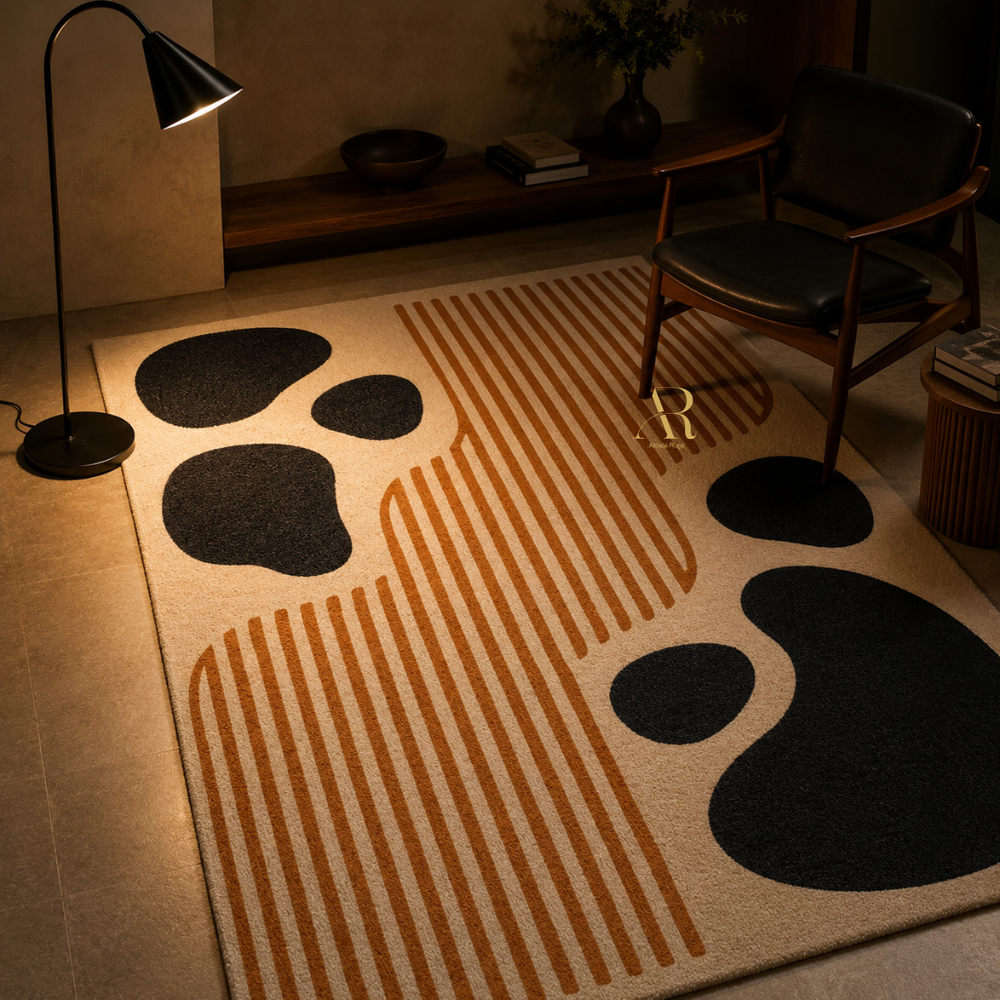 A modern area rug with a beige base, featuring large black organic shapes and rust-orange striped geometric patterns, styled in a warm, dimly lit living room next to a black floor lamp and a wooden armchair.
