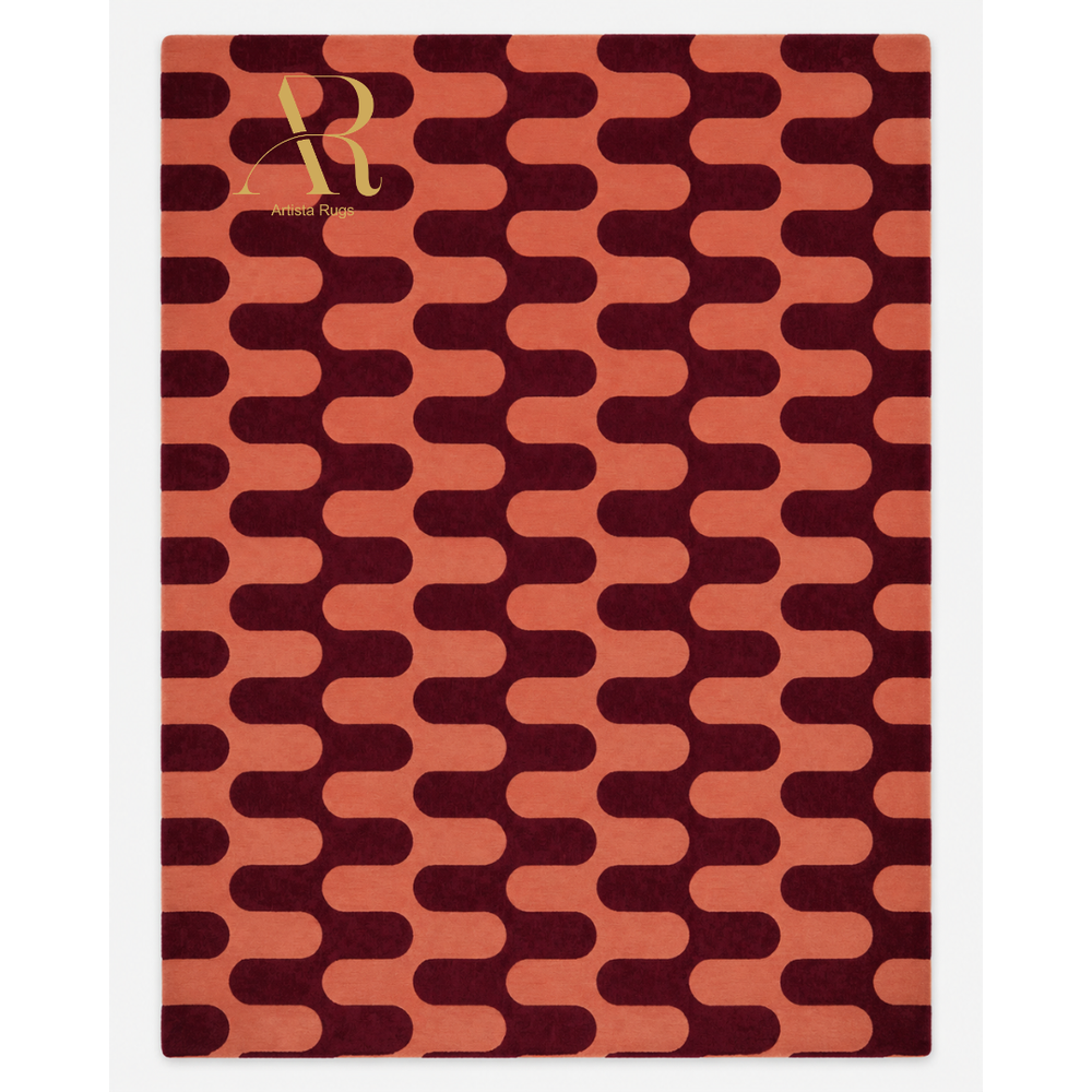 A rectangular rug with an abstract repeating pattern of horizontal rounded bars in terracotta orange and dark burgundy, featuring a gold 'R' monogram logo in the top-left corner.