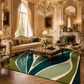 A large area rug with a modern wavy abstract pattern in shades of teal, green, and cream, styled in a luxurious, ornate vintage living room with gold furniture and chandeliers.