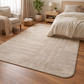 Beige patterned rug on a wooden floor in a bedroom