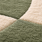 Close-up of a green and beige checkered patterned rug.