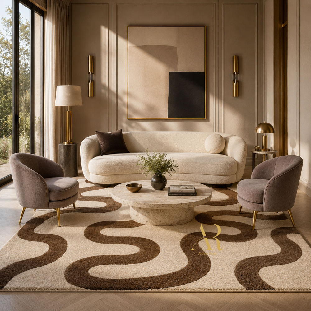 A styled living room scene featuring a cream-colored sofa, two gray upholstered armchairs with gold legs, a round stone coffee table, and a large patterned area rug with wavy dark brown lines on a cream background. The room is lit by warm sunlight coming from a window on the left, with wall art and gold wall sconces in the background.