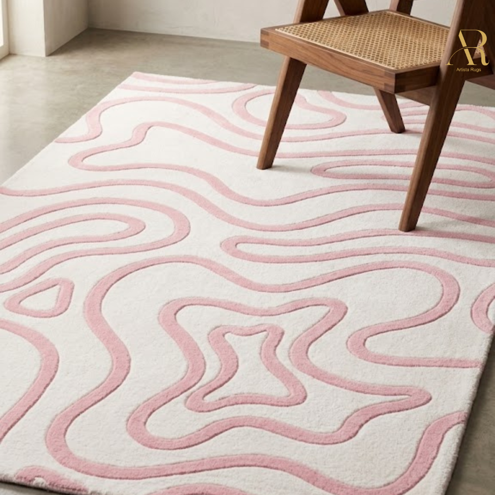 Pink and white patterned rug with a wooden chair on a light wood floor.