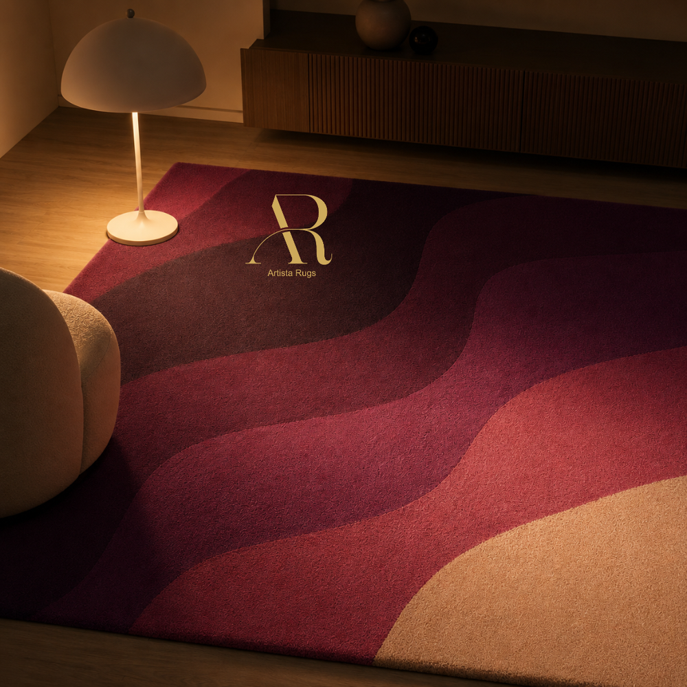 A rectangular area rug with a wavy abstract pattern in deep burgundy, plum, and beige, styled in a warmly lit modern living room with a floor lamp and wooden furniture.
