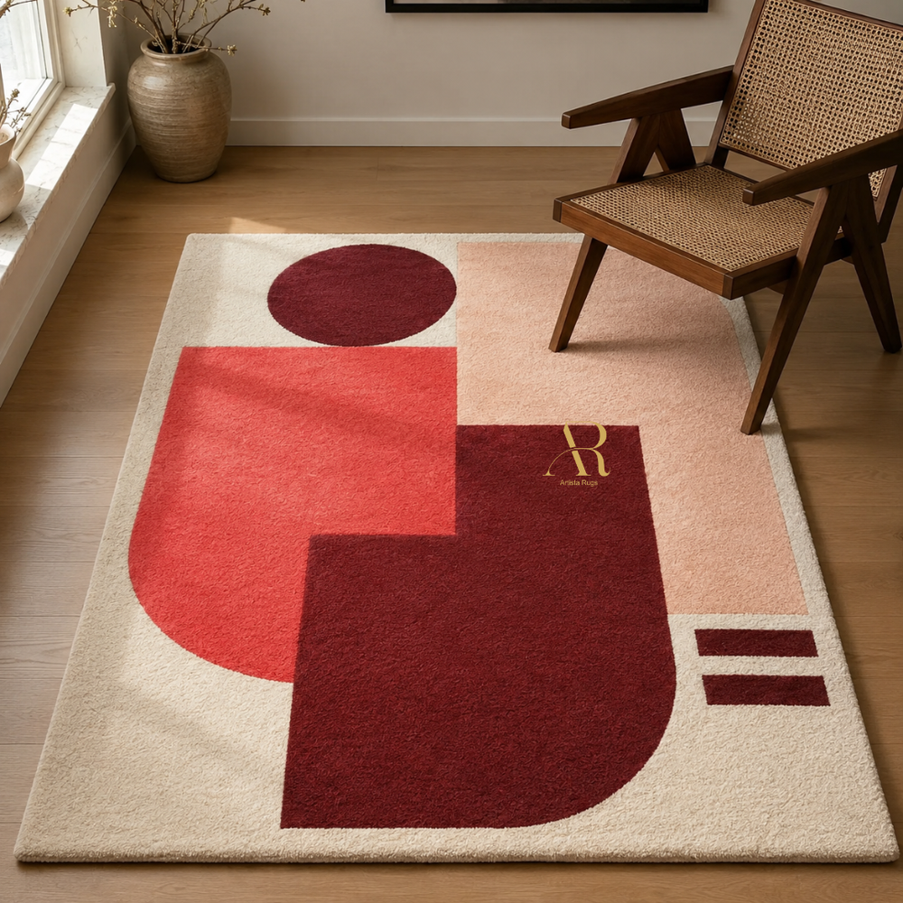 A rectangular area rug with an abstract geometric design in cream, coral red, and deep burgundy, styled on a light wood floor next to a mid-century modern wooden armchair.