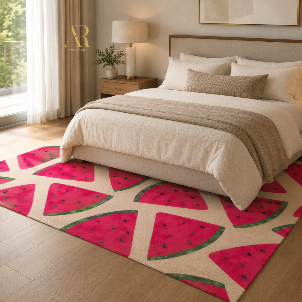 A watermelon-patterned area rug in a styled bedroom setting. The rug features large pink watermelon slices with green rinds on a cream background, placed under a bed with beige linens and pillows.