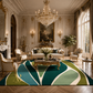 A luxury living room featuring a large area rug with a bold abstract leaf-like pattern in teal, green, and cream. The room is styled with elegant gold-framed armchairs, a matching sofa, a carved wooden coffee table, and a large crystal chandelier hanging from the high ceiling.