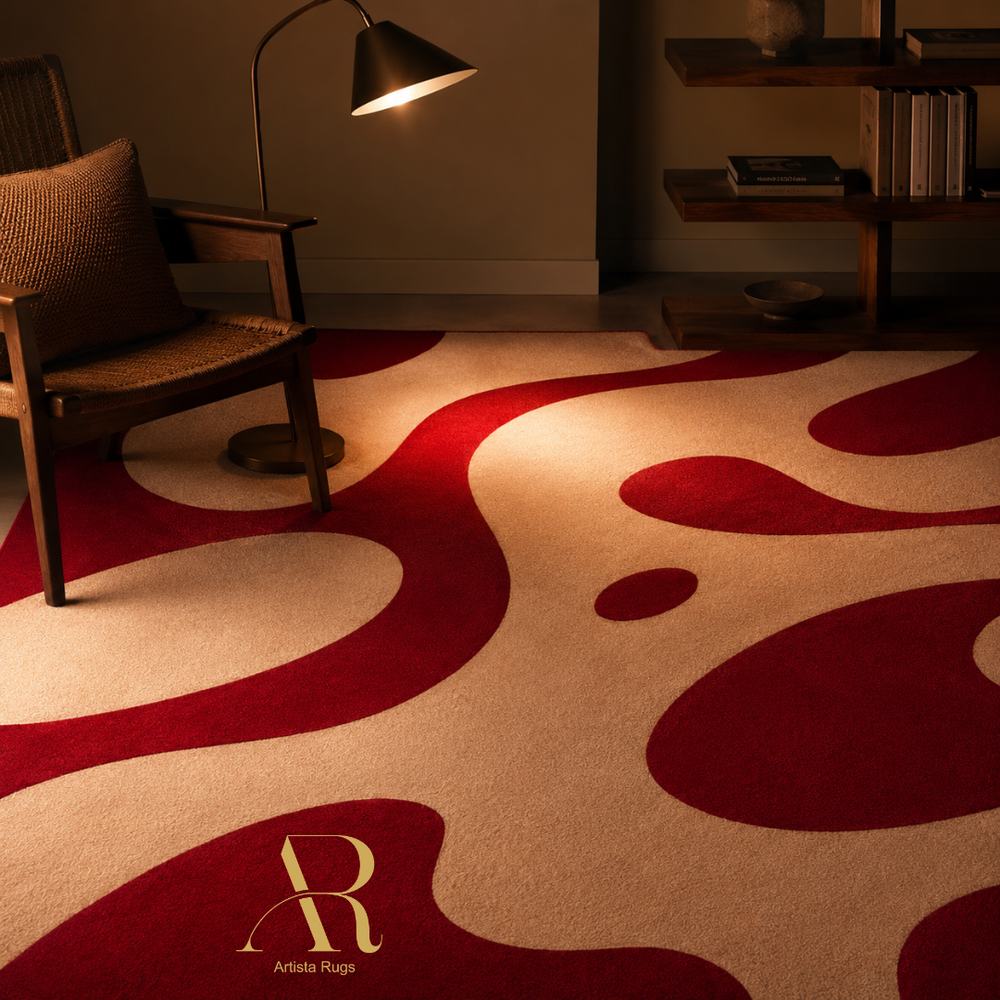 A modern area rug with an abstract wavy pattern in deep red and cream, styled in a warm, dimly lit living room with a wooden armchair, floor lamp, and bookshelf.