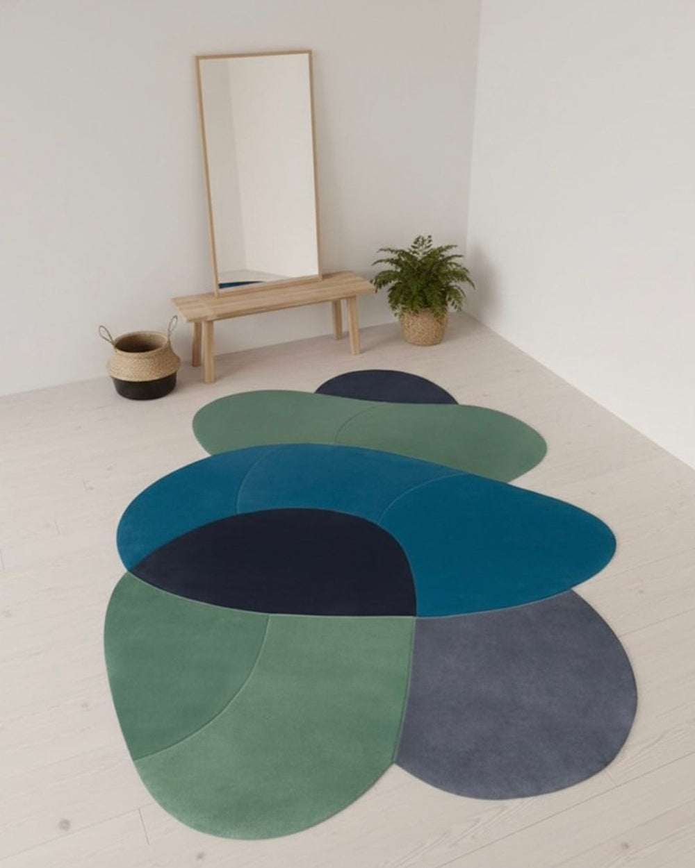 Colorful rug on a light wooden floor with a mirror and plant in the background.