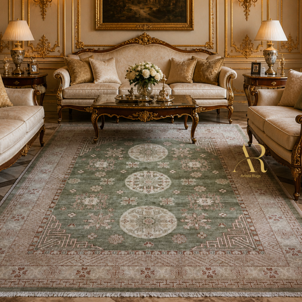 Luxurious living room with ornate furniture and a large patterned rug.