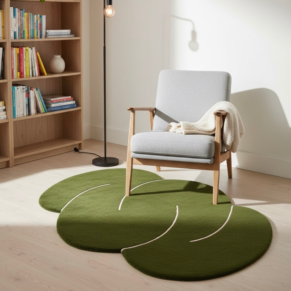 Green leaf-shaped rug on a wooden floor with a bookshelf and chair in the background.