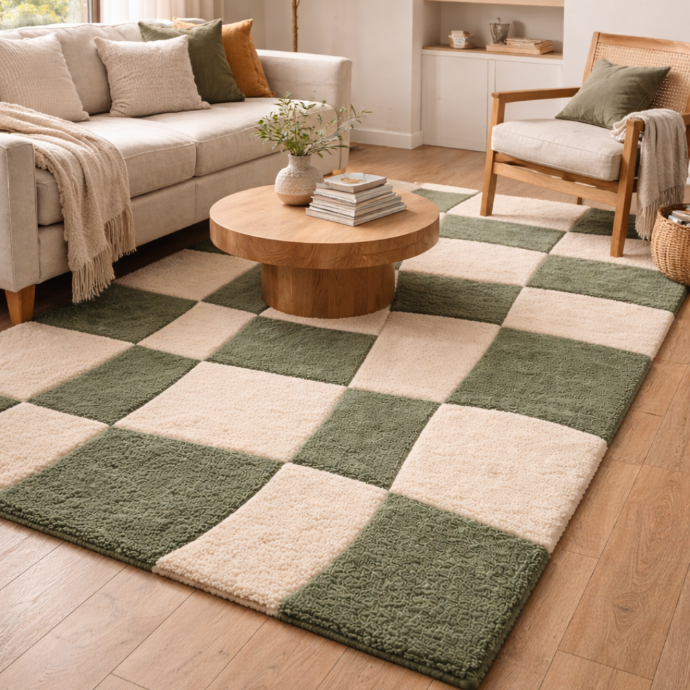 Living room with a checkered green and beige rug, wooden coffee table, and upholstered furniture.