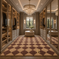 A luxury walk-in closet with mirrored cabinets, gold-toned lighting, a large crystal chandelier, a checkered rug in beige and burgundy, and a round ottoman near a window.