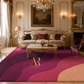 A large area rug with wavy abstract stripes in magenta, purple, and peach, styled in a luxurious, ornate living room with gold furniture and a crystal chandelier. The brand name 'Artisan Royal' is printed in gold near the bottom center.