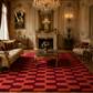 A luxurious vintage-style living room featuring a prominent red and burgundy patterned area rug. The room is decorated with ornate gold molding, a large crystal chandelier, a marble fireplace mantel, and matching antique-style furniture.