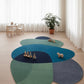Colorful circular rugs on a wooden floor with toys and a plant in the background.