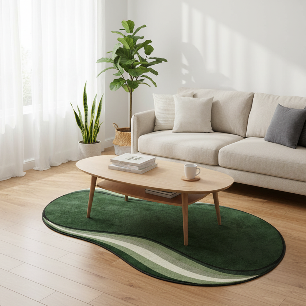 Living room with a green rug, beige sofa, and wooden coffee table.