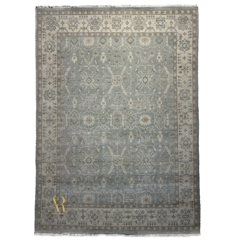 Decorative rug with intricate patterns on a plain background