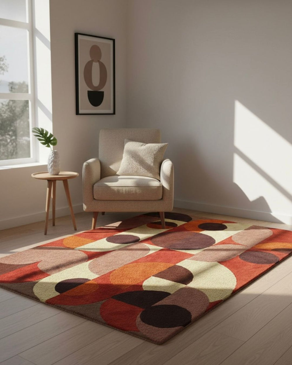 Colorful geometric-patterned rug in a living room with a chair and side table.