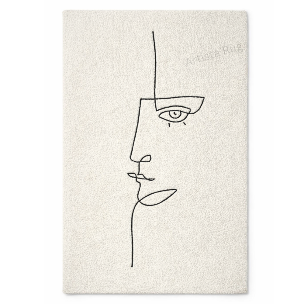 Abstract line art of a face on a textured white rug with 'Artista Rug' branding.
