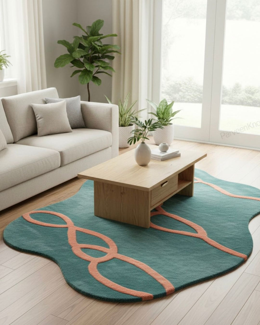 Living room with a teal rug featuring pink patterns, a beige sofa, wooden coffee table, and plants.