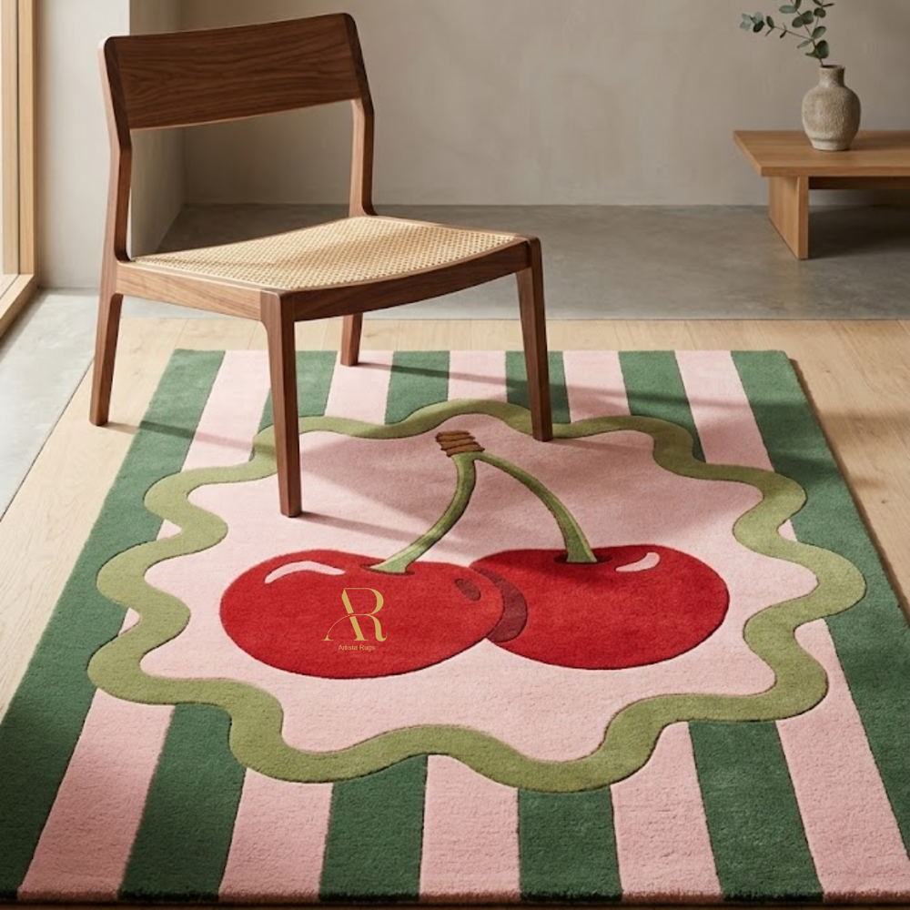 Decorative rug with cherry design in a room with a wooden chair.