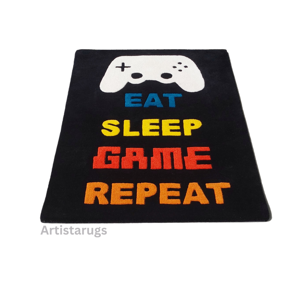 Eat sleep game repeat rug