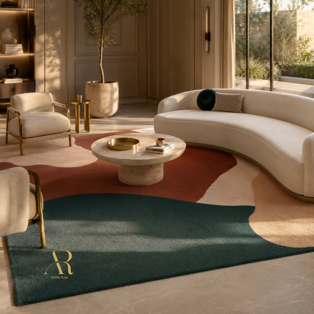 A luxury living room scene featuring a large abstract-patterned area rug in teal, terracotta, and beige. The rug has a gold monogram logo 'AR' in the bottom-left corner.