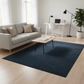 Modern living room with a blue rug, gray sofa, and desk setup.