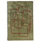 Green rug with red geometric patterns on a white background